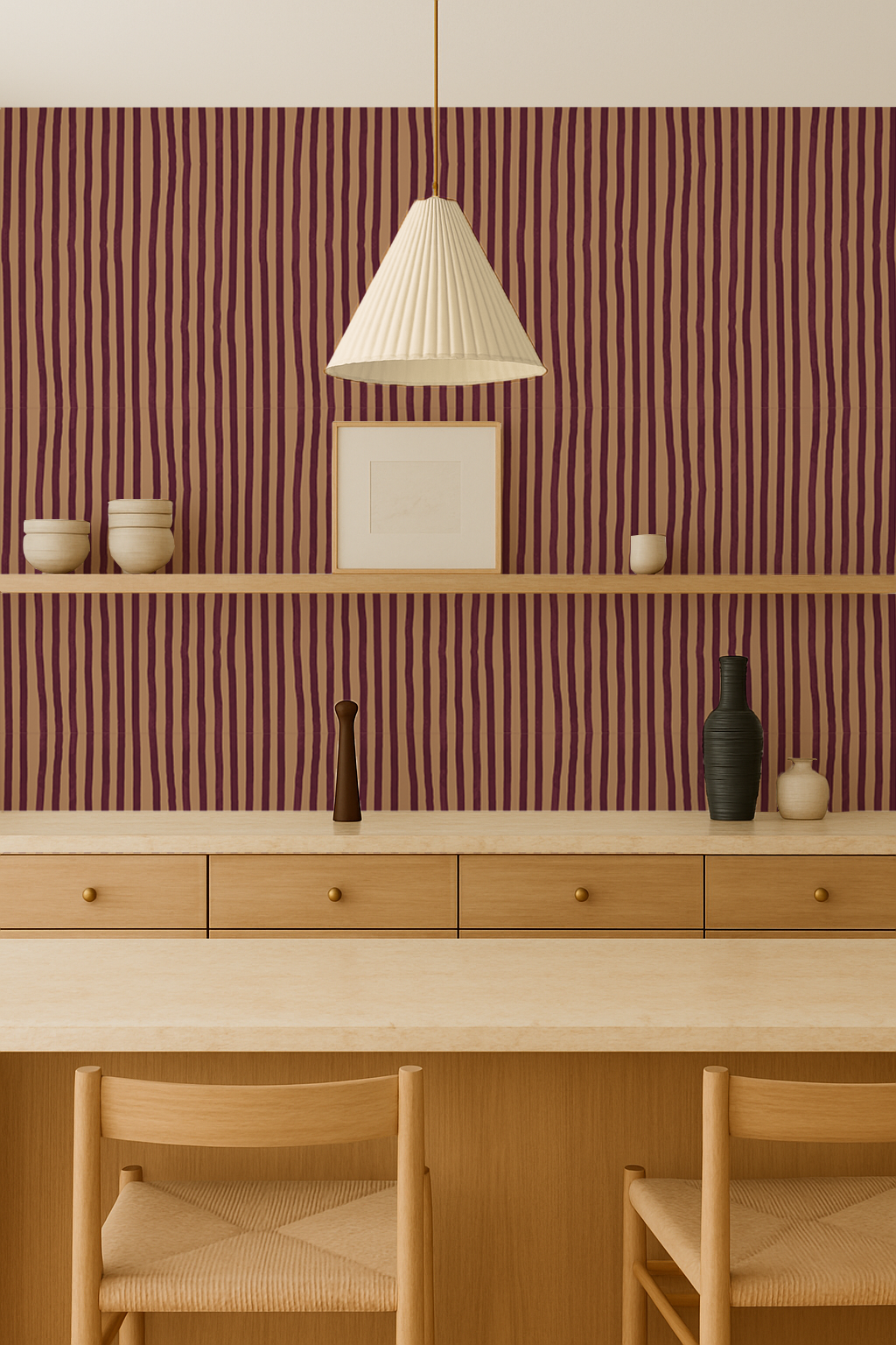 Dolce Stripe Wallpaper, peach and eggplant