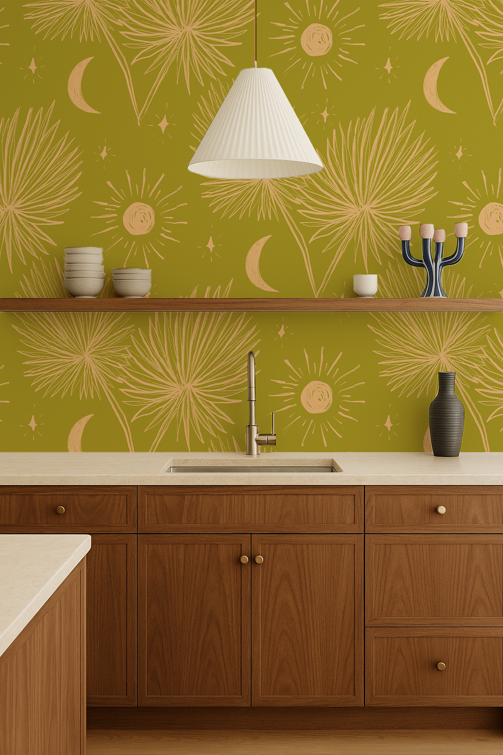 Night Palm Wallpaper, chartreuse & peach