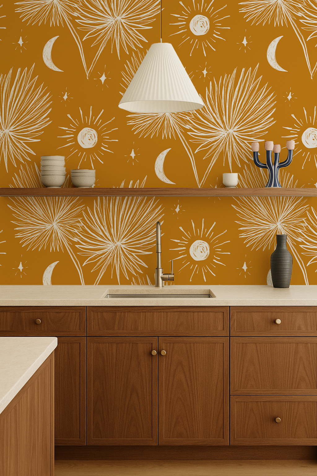Night Palm Wallpaper, marigold and white