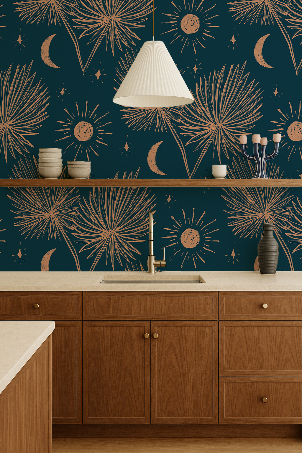 Night Palm Wallpaper, navy and terra cotta