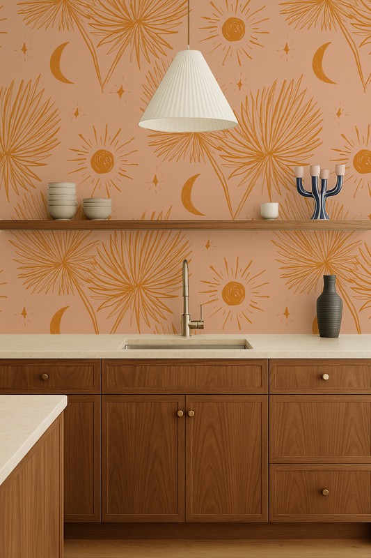 Night Palm Wallpaper, peach and orange