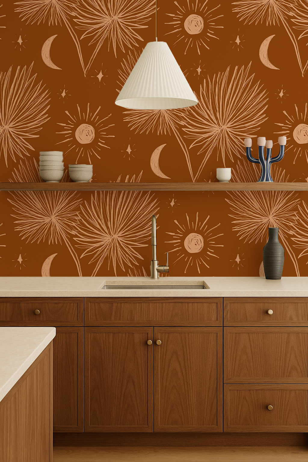 Night Palm Wallpaper, rust and peach