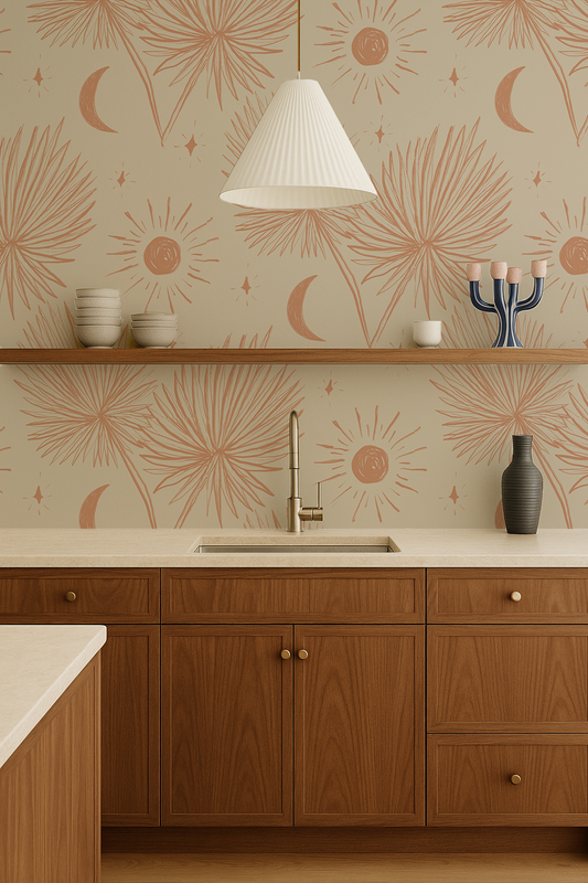 Night Palm Wallpaper, tan and terra cotta