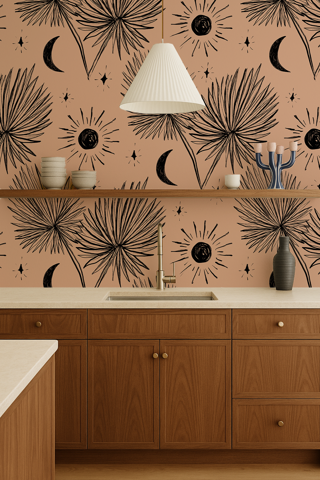 Night Palm Wallpaper, terra cotta and black