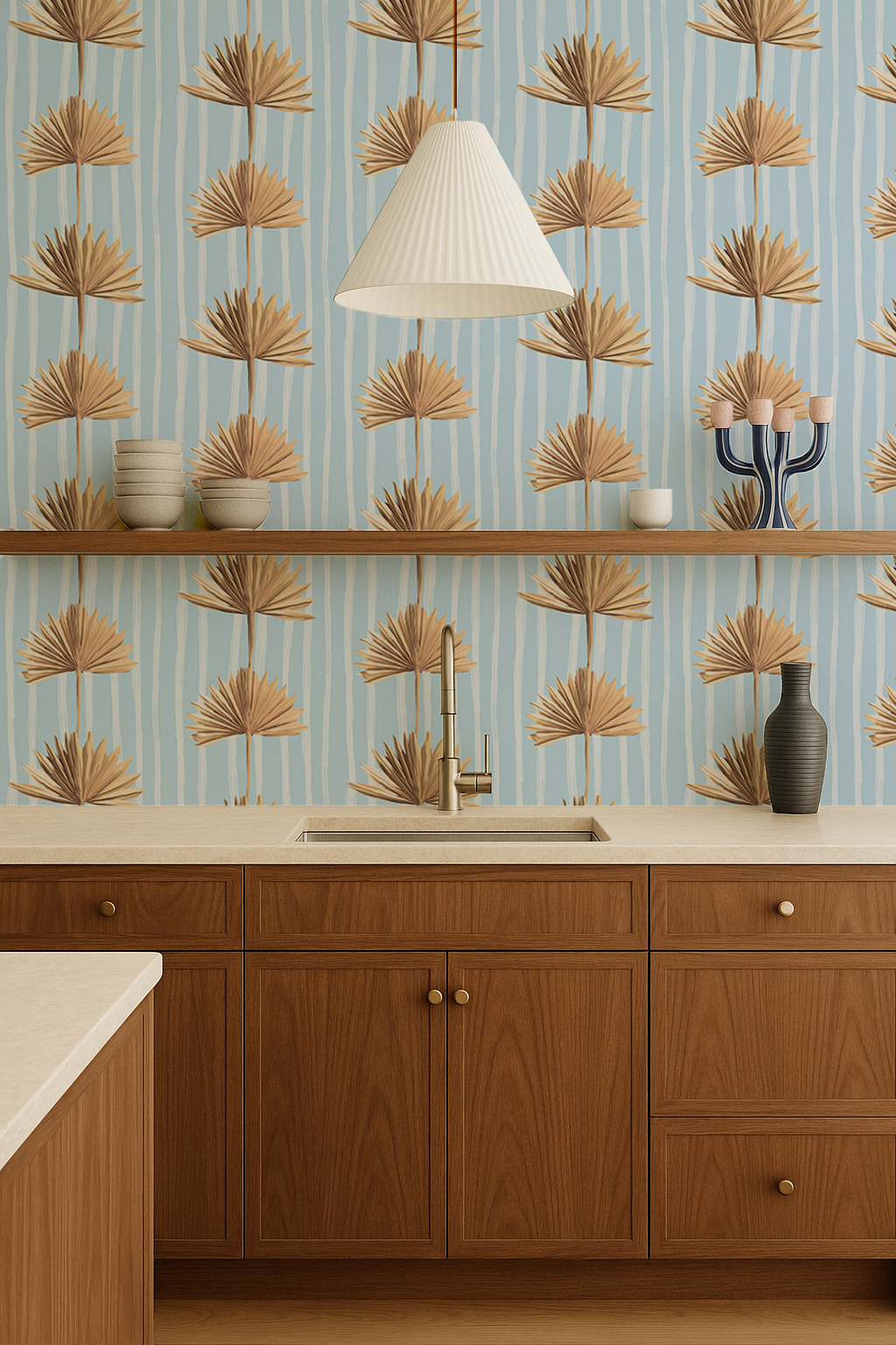 Stripey Palm Wallpaper, blue