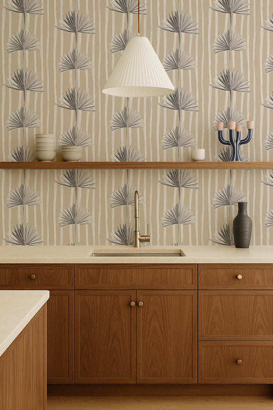 Stripey Palm Wallpaper, neutral and white