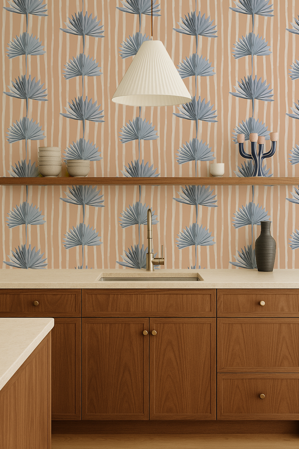 Stripey Palm Wallpaper, peach and blue