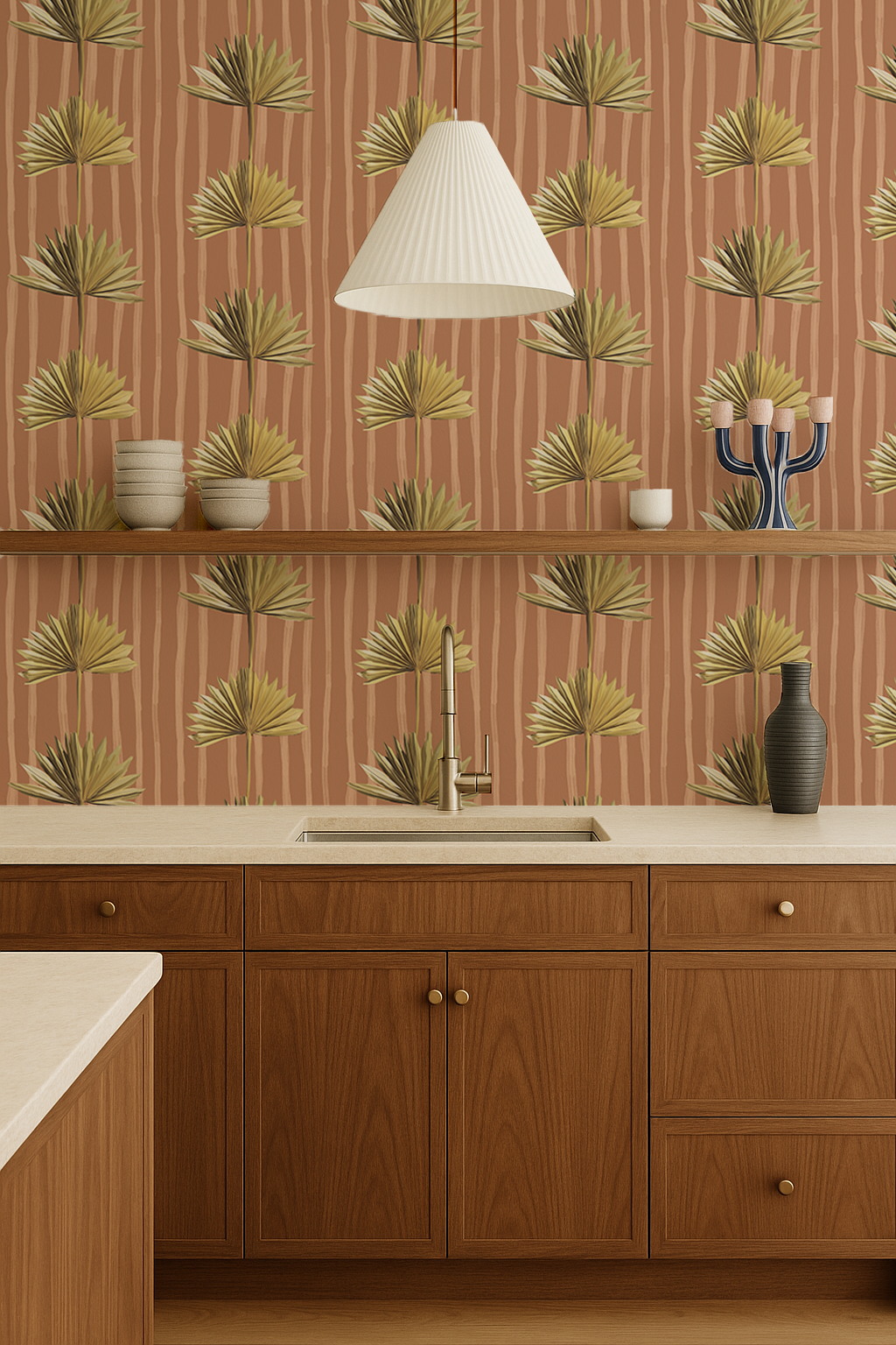 Stripey Palm Wallpaper, terra cotta and yellow