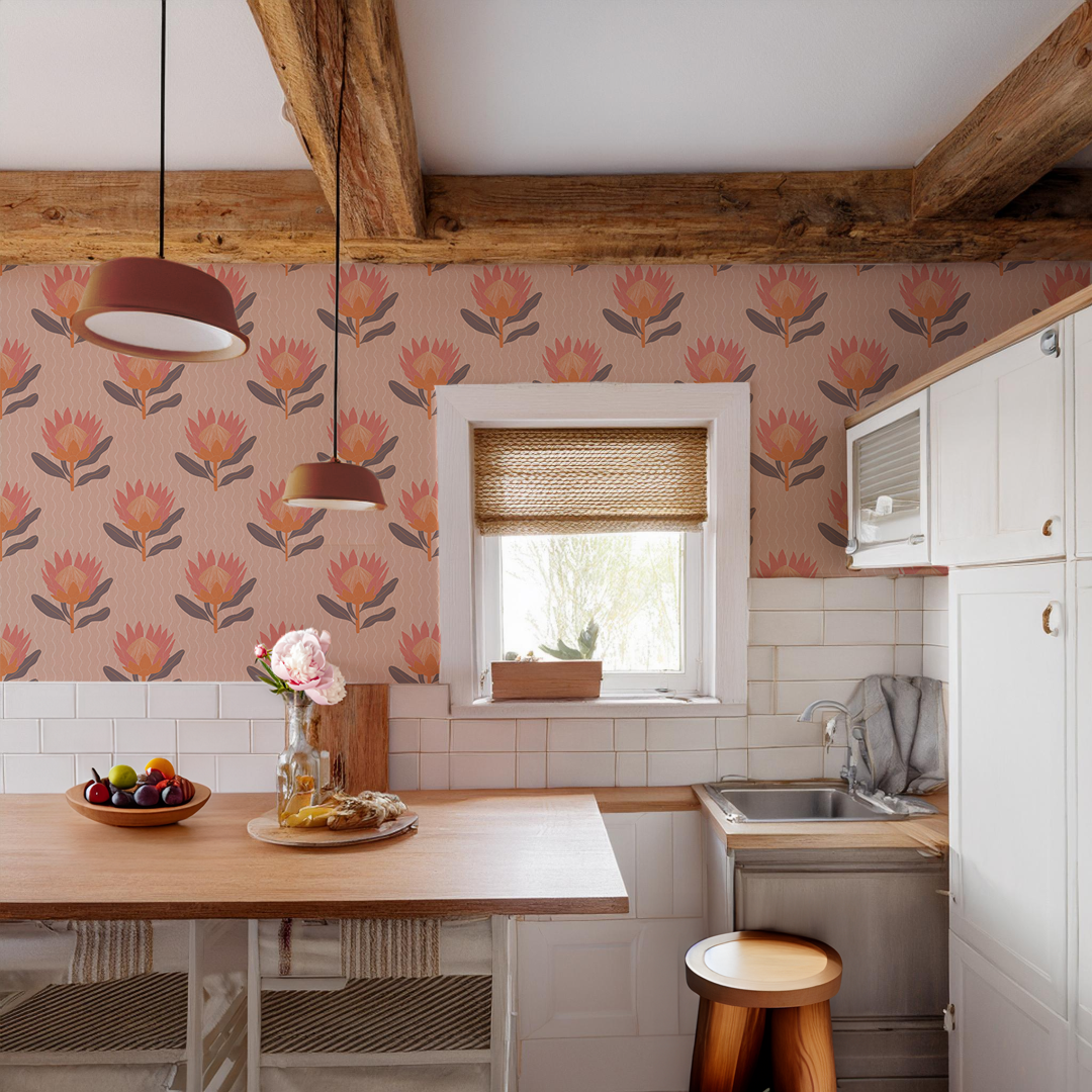 King Protea Wallpaper, coral and orange