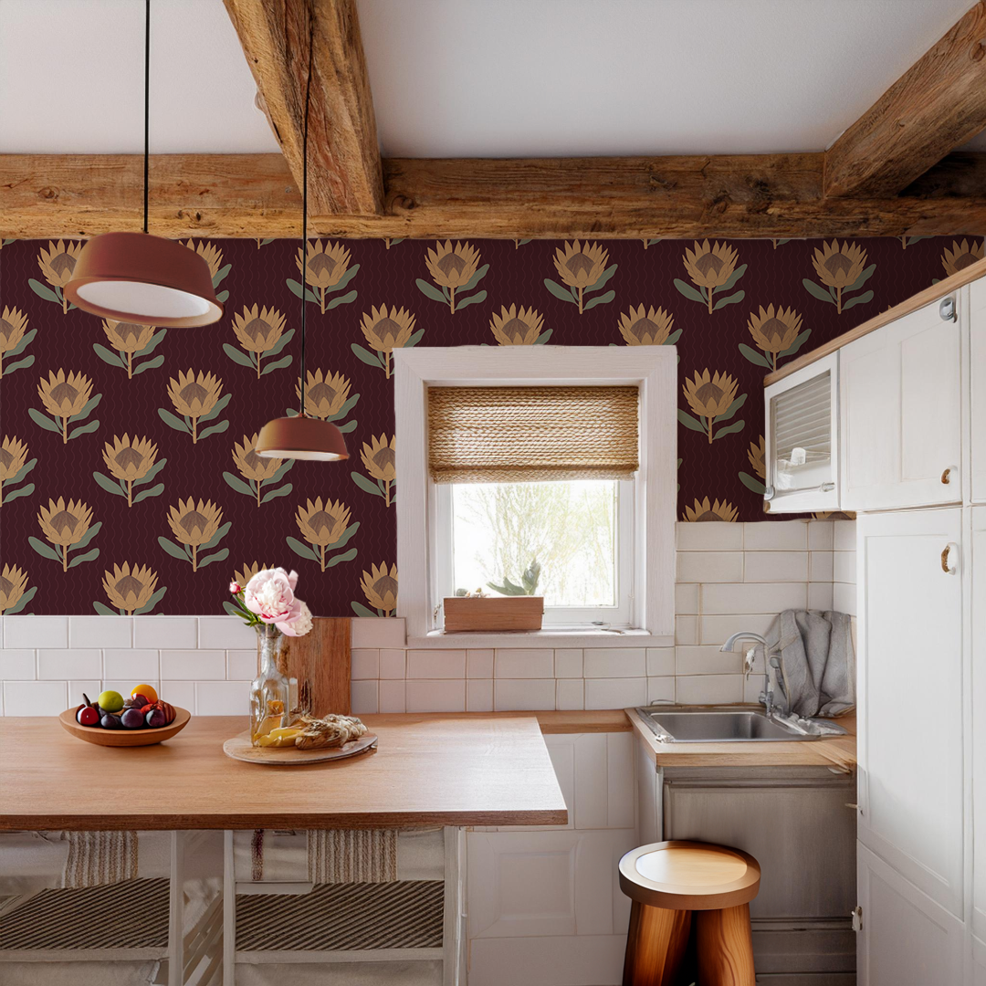 King Protea Wallpaper, dark plum and butter yellow