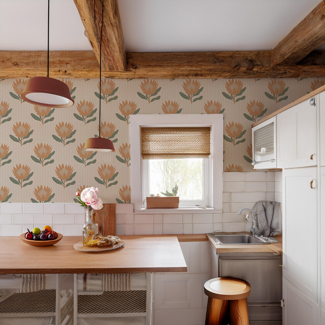 King Protea Wallpaper, neutral and apricot