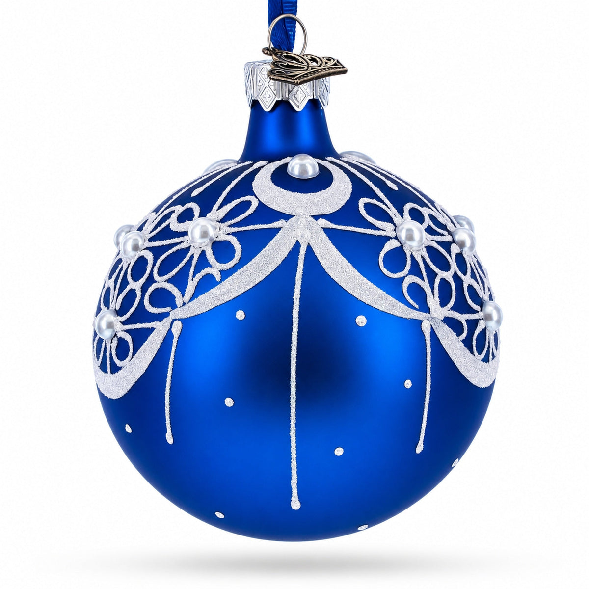 White Flowers Blossoming on a Tranquil Azure Blue Glass Ball Christmas Ornament 3.25 Inches
