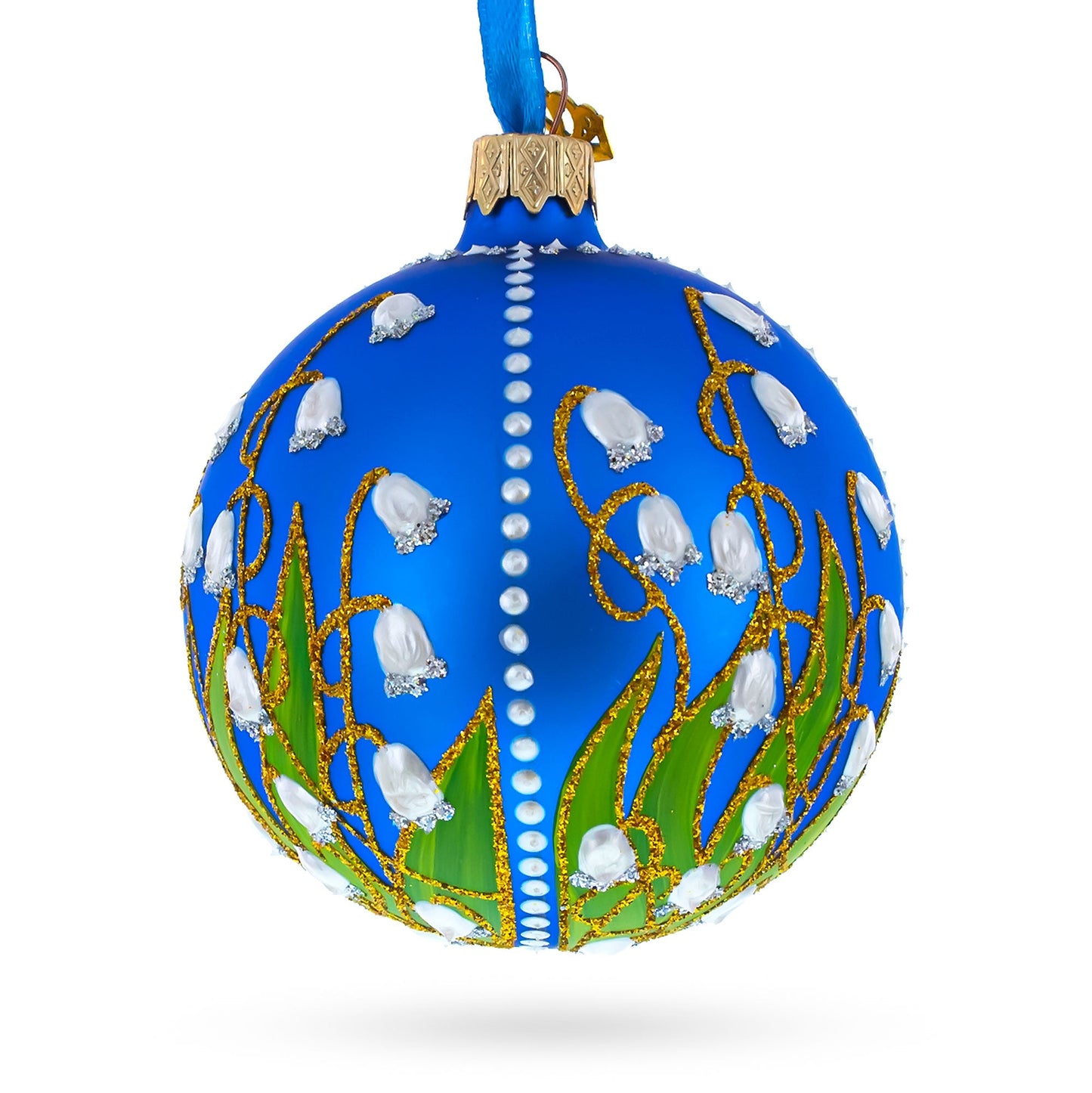 Lilies of the Valley on Blue Glass Ball Christmas Ornament 3.25 Inches