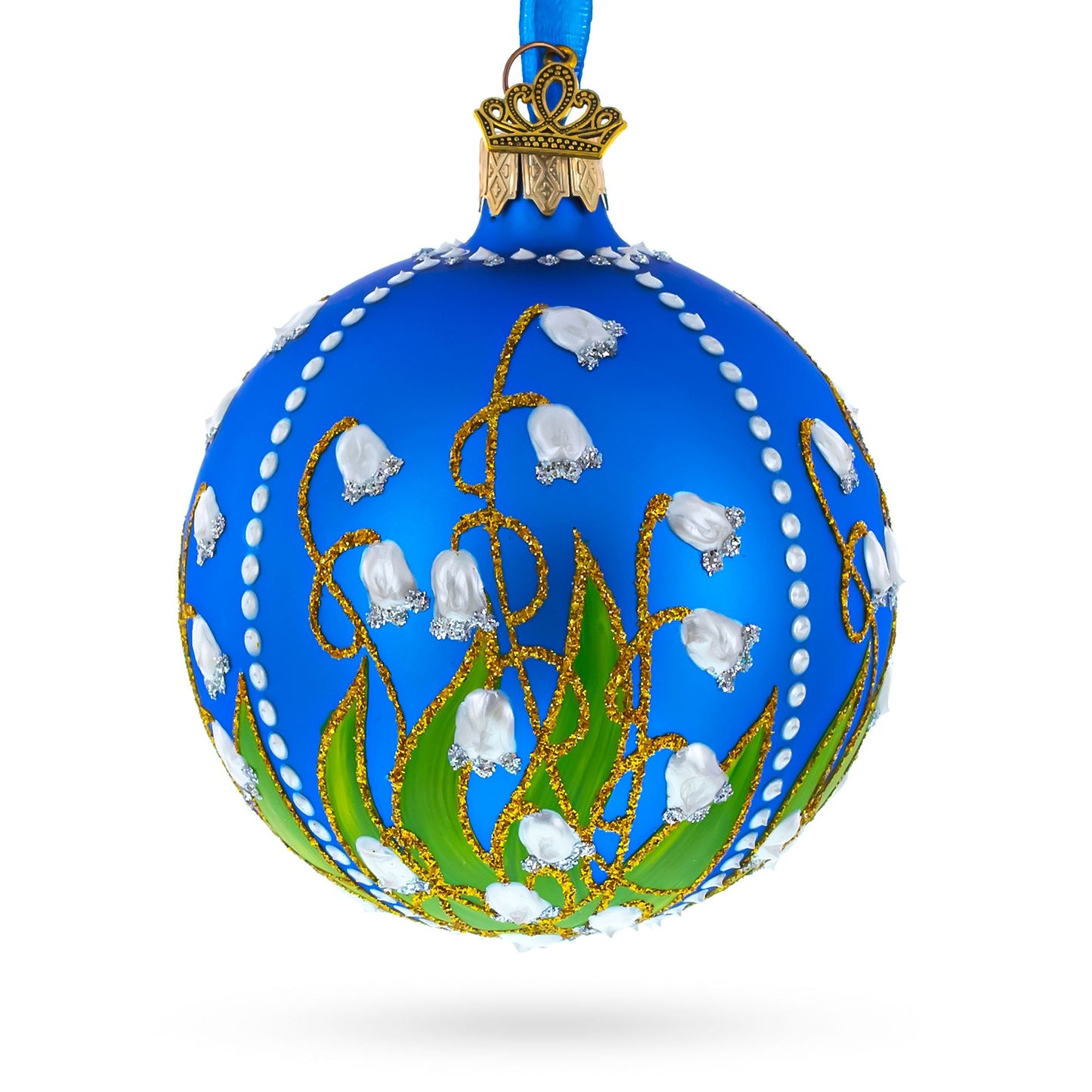 Lilies of the Valley on Blue Glass Ball Christmas Ornament 3.25 Inches