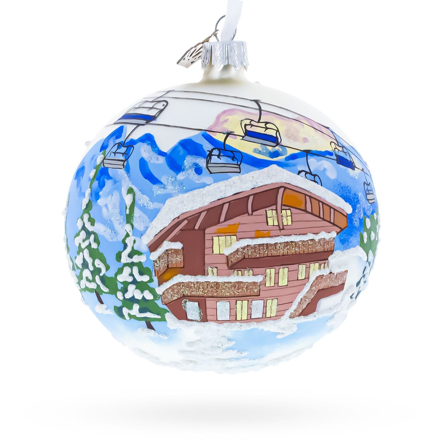 Chalet and Ski Lifts in the Mountains Glass Ball Christmas Ornament 4 Inches