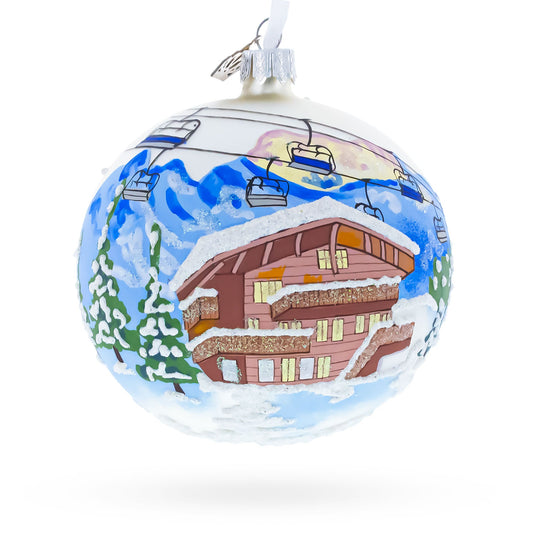 Chalet and Ski Lifts in the Mountains Glass Ball Christmas Ornament 4 Inches