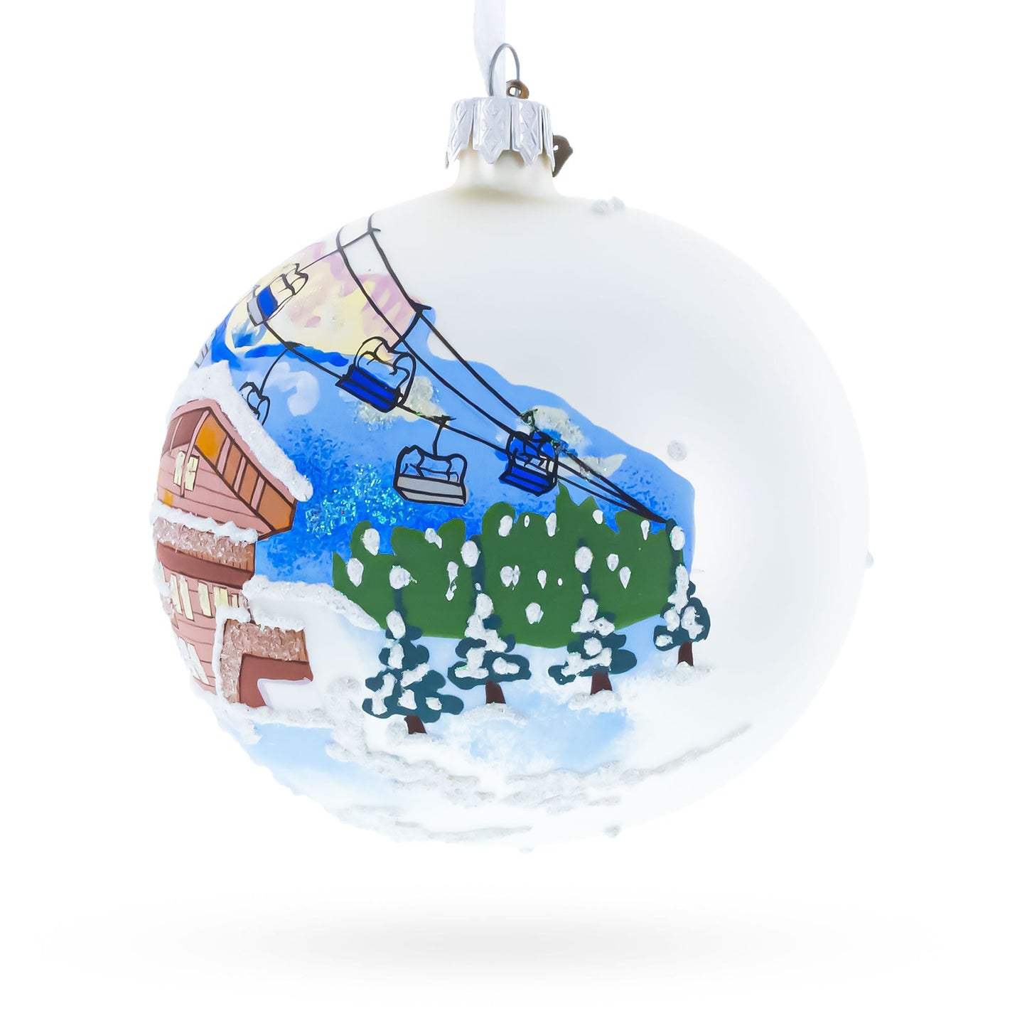 Chalet and Ski Lifts in the Mountains Glass Ball Christmas Ornament 4 Inches