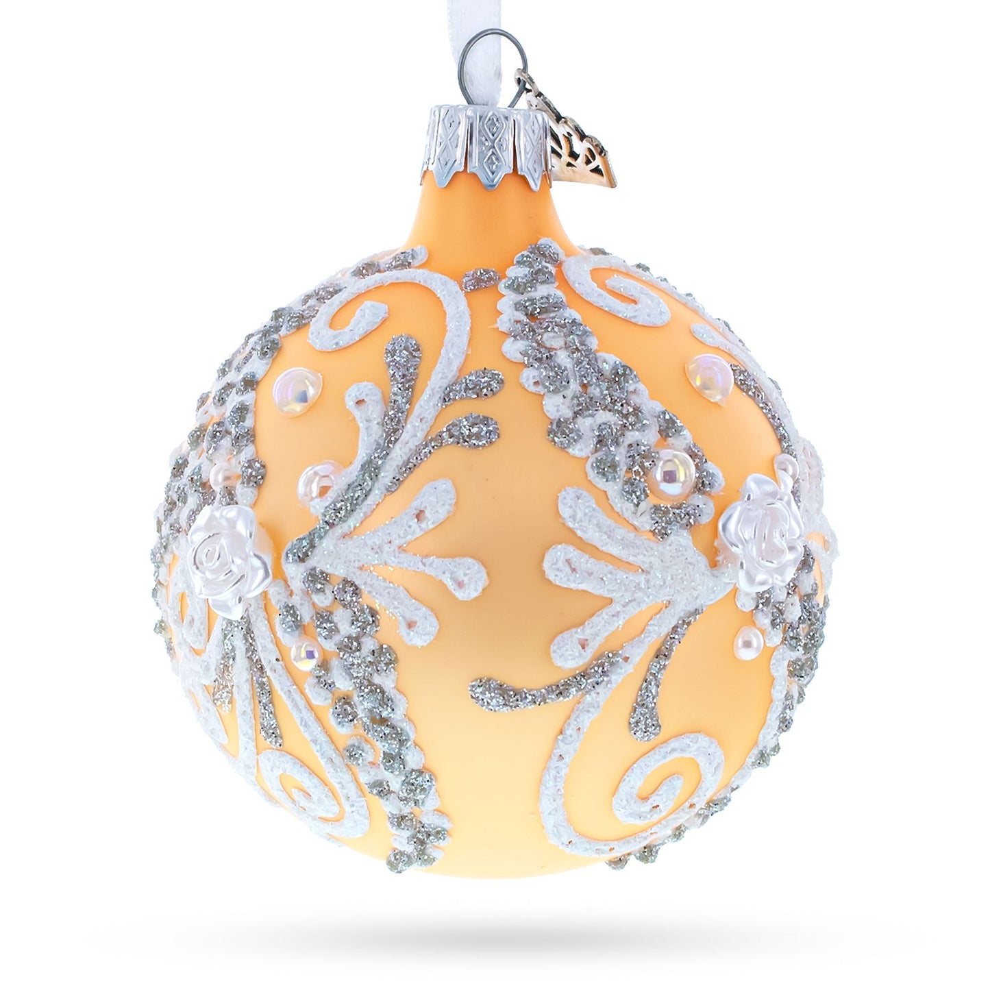 Snow Swirls on Ivory Glass Ball Christmas Ornament 3.25 Inches