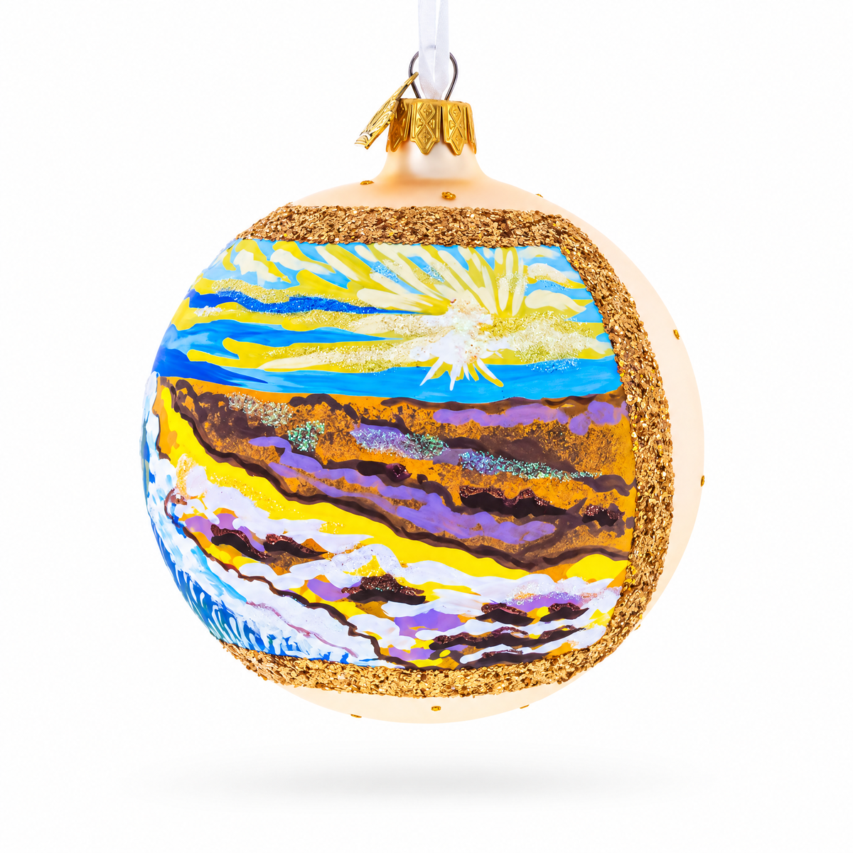 Sunset at the Ocean Painting Glass Ball Christmas Ornament 4 Inches