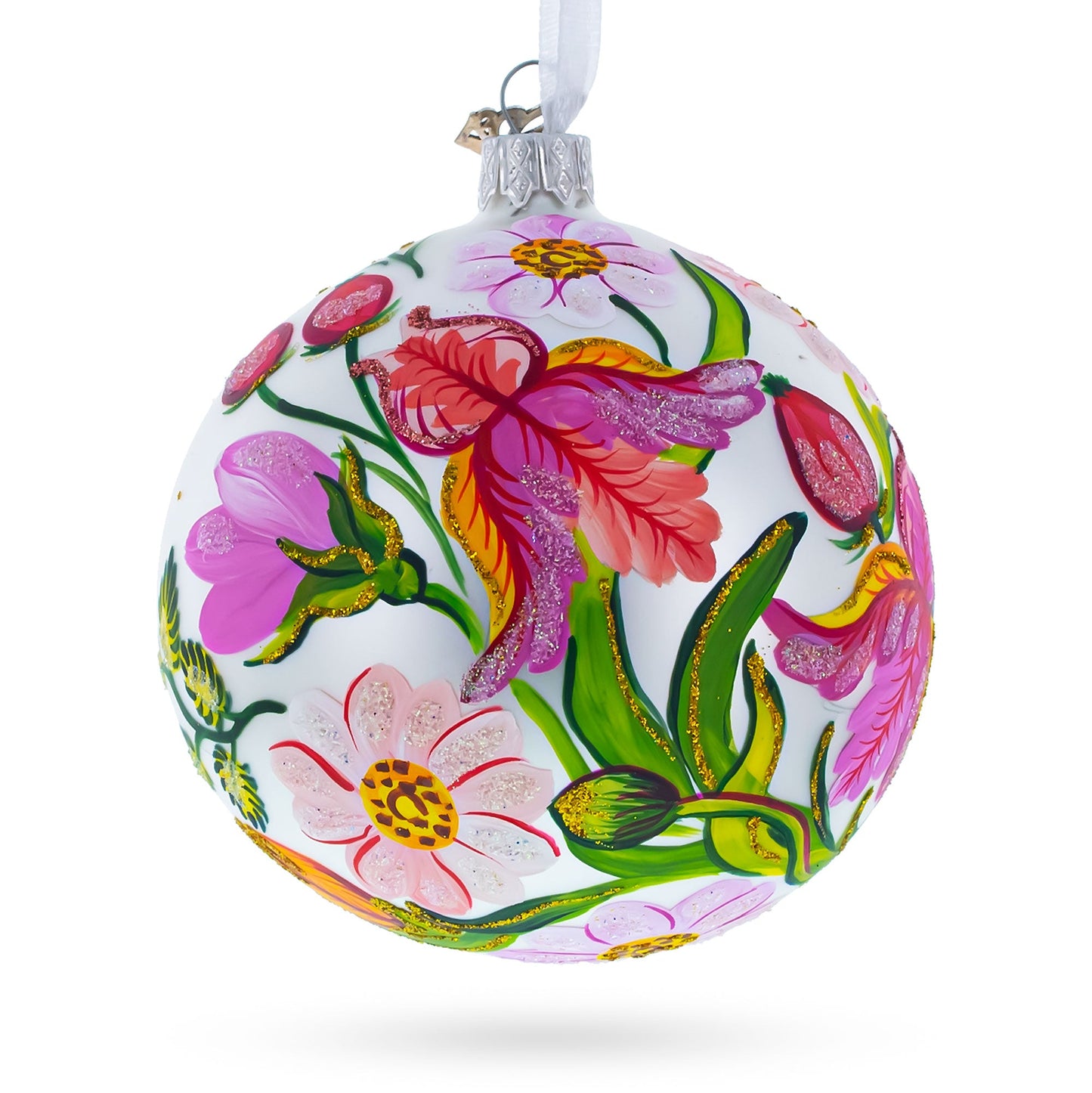 Irises and Cosmeya Flowers Glass Ball Ornament