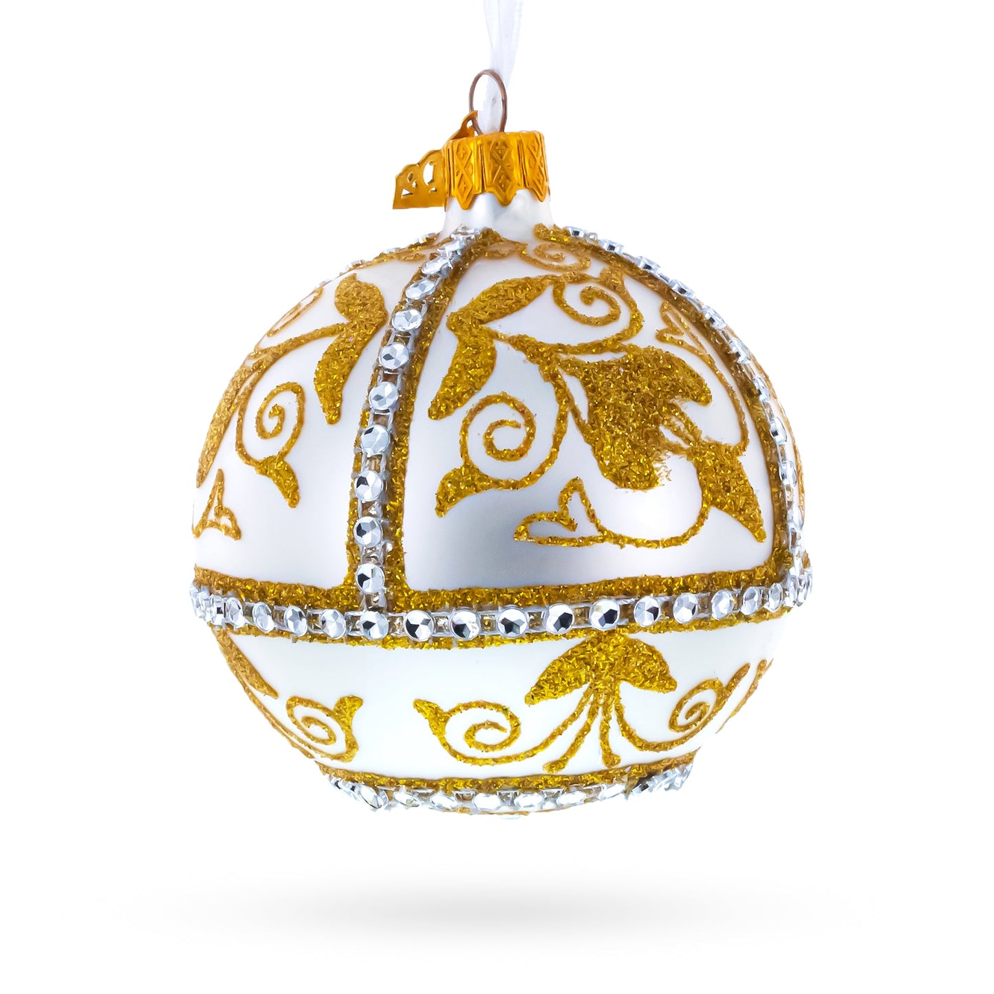 Jeweled Golden Chandelier on Silver Glass Ball Christmas Ornament 3.25 Inches
