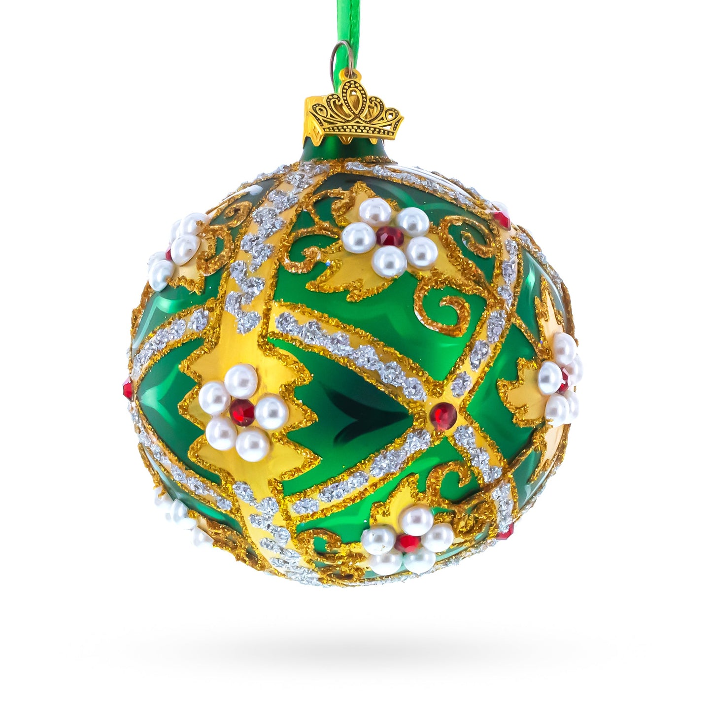 Jewels on Green Glass Ball Christmas Ornament 3.25 Inches