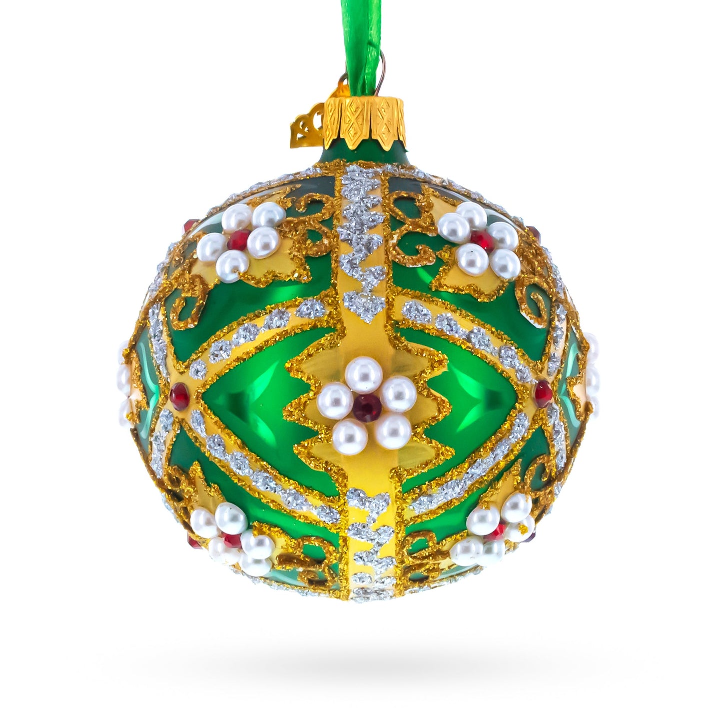 Jewels on Green Glass Ball Christmas Ornament 3.25 Inches