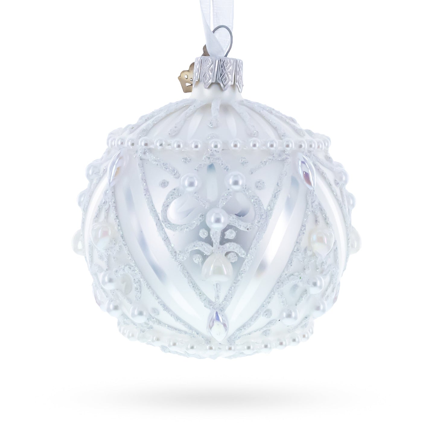Dimensional Pearl Drops on White Ball Glass Christmas Ornament 3.25 Inches