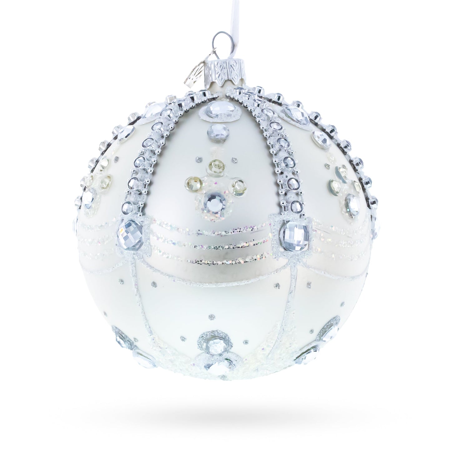 White Jewels on Silver Glass Ball Christmas Ornament 4 Inches