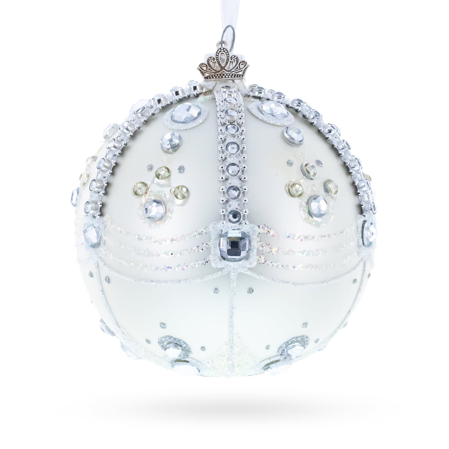 White Jewels on Silver Glass Ball Christmas Ornament 4 Inches