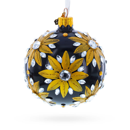 Golden Glitter Sunflower with Crystal Embellishments Glass Ball Christmas Ornament 3.25 Inches