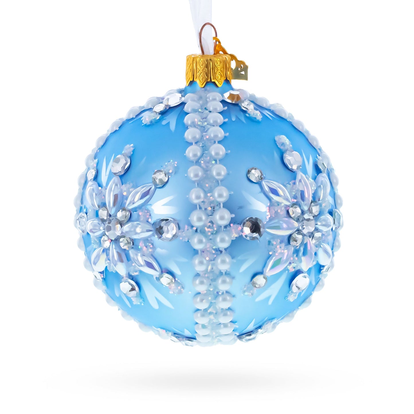 Blue and Pearl Jewel-Embellished Glass Ball Ornament 3.25 Inches
