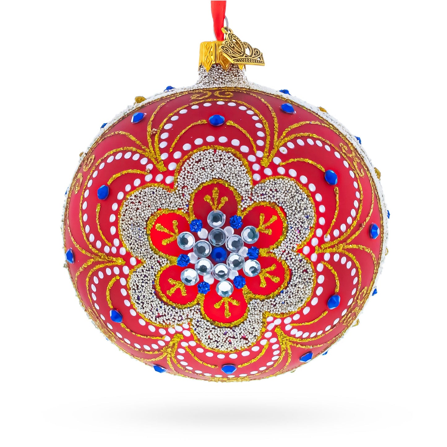 Baroque Filigree with Gemstones on Red Glass Ball Christmas Ornament 4 Inches