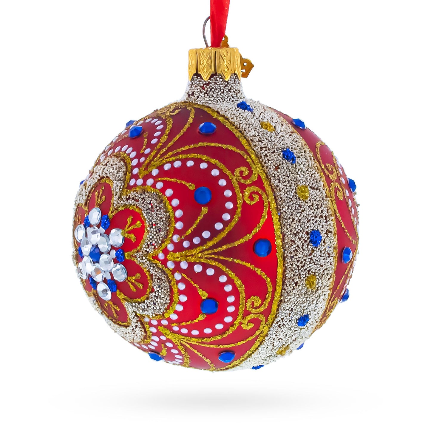 Baroque Filigree with Gemstones on Red Glass Ball Christmas Ornament 3.25 Inches
