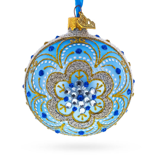 Baroque Filigree with Gemstones on Blue Glass Ball Christmas Ornament 3.25 Inches
