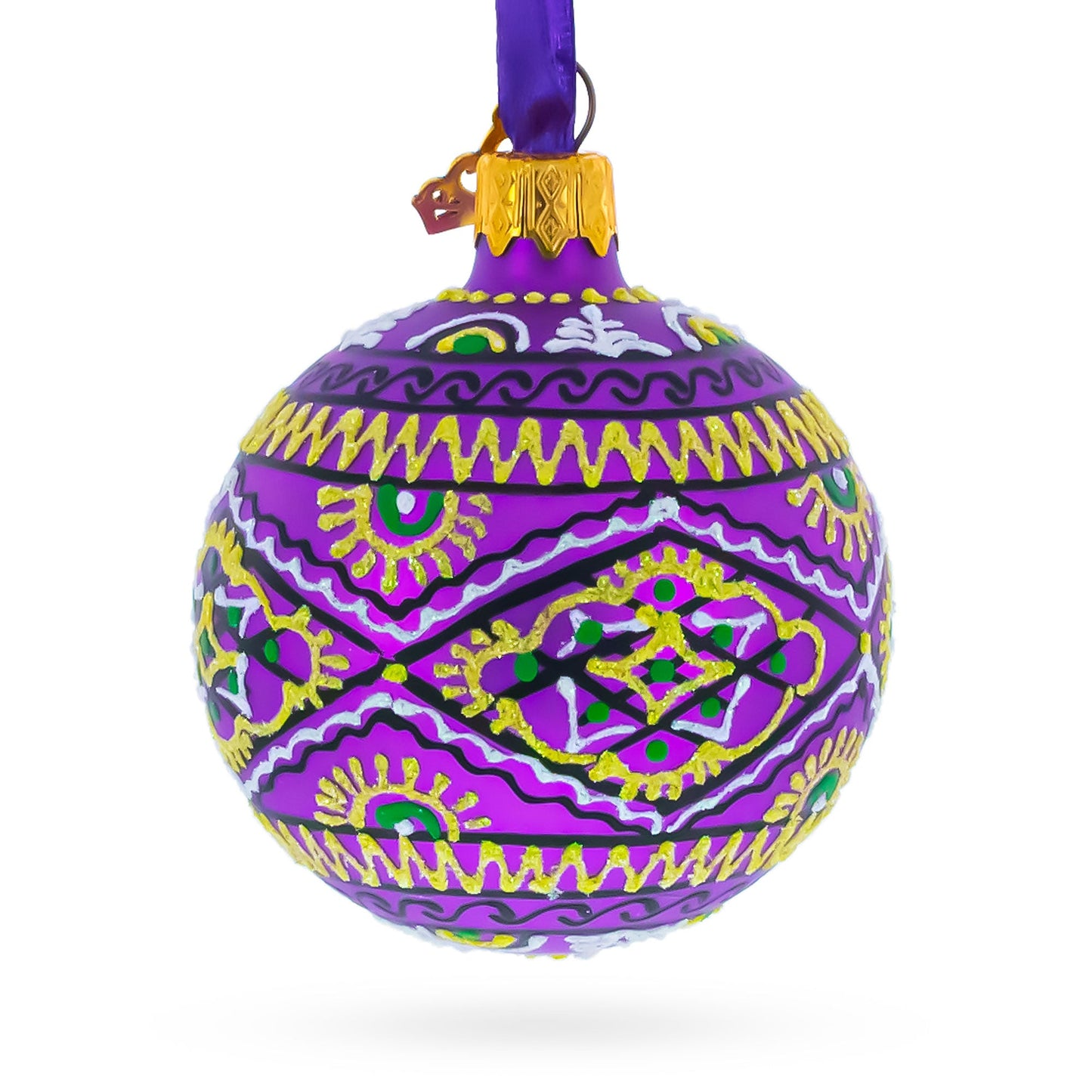 Purple Geometric Ukrainian Glass Ball Christmas Ornament 2.4 Inches
