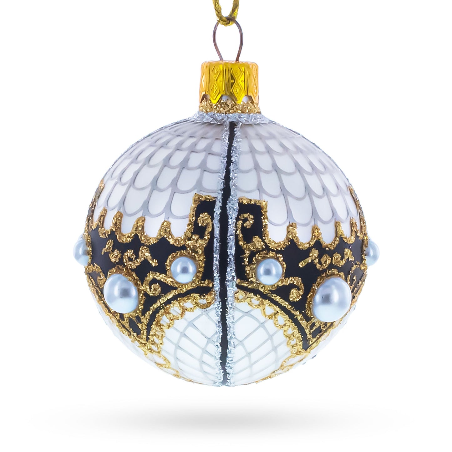 Mother Of Pearl on Gold Filigree Glass Ball Christmas Ornament 2.4 Inches