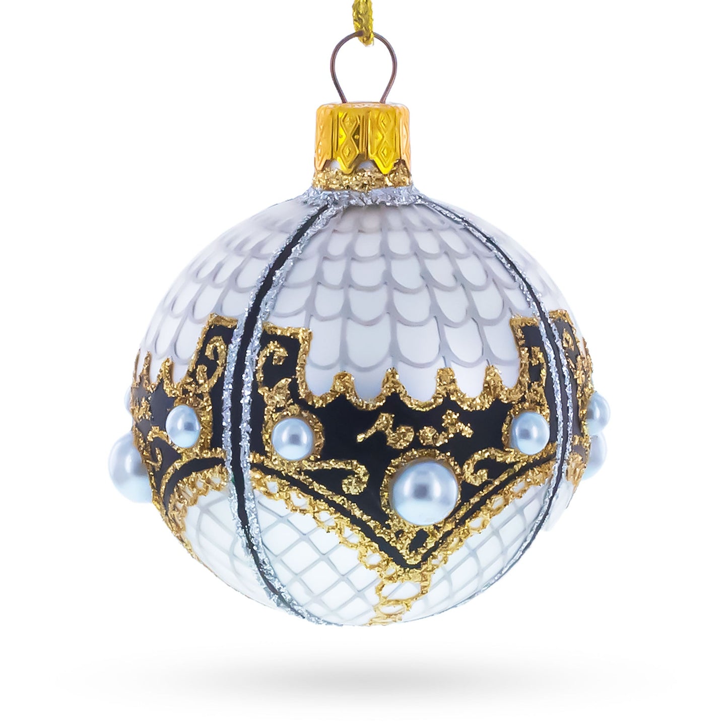 Mother Of Pearl on Gold Filigree Glass Ball Christmas Ornament 2.4 Inches