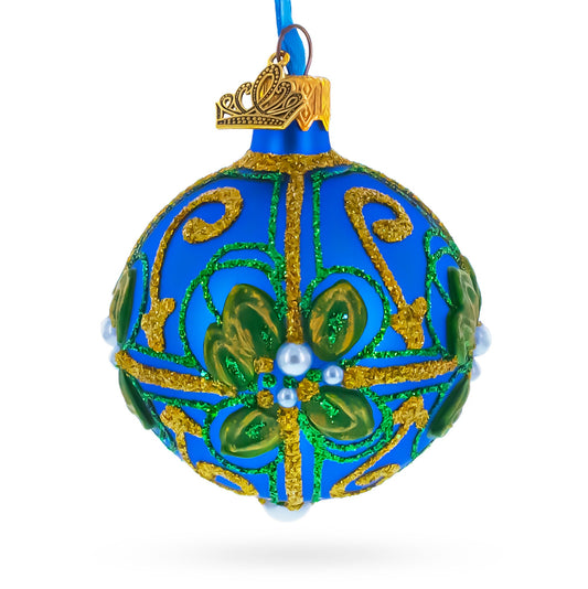 Green & Gold Glitter Pearls & Floral Accents Blue Glass Ball Christmas Ornament 2.4 Inches