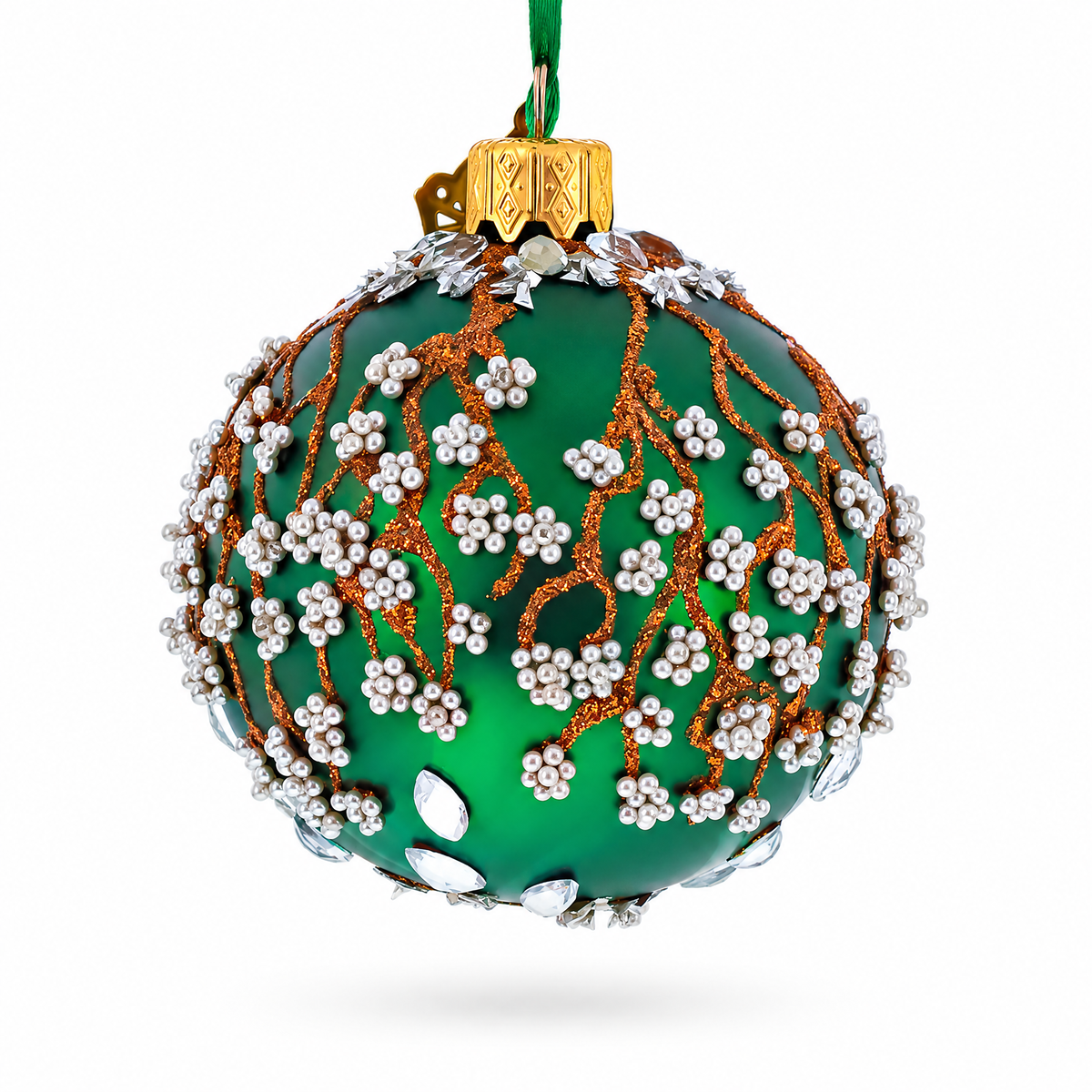 Copper Glitter Branches and Pearl Berry Accents on Green Glass Ball Christmas Ornament