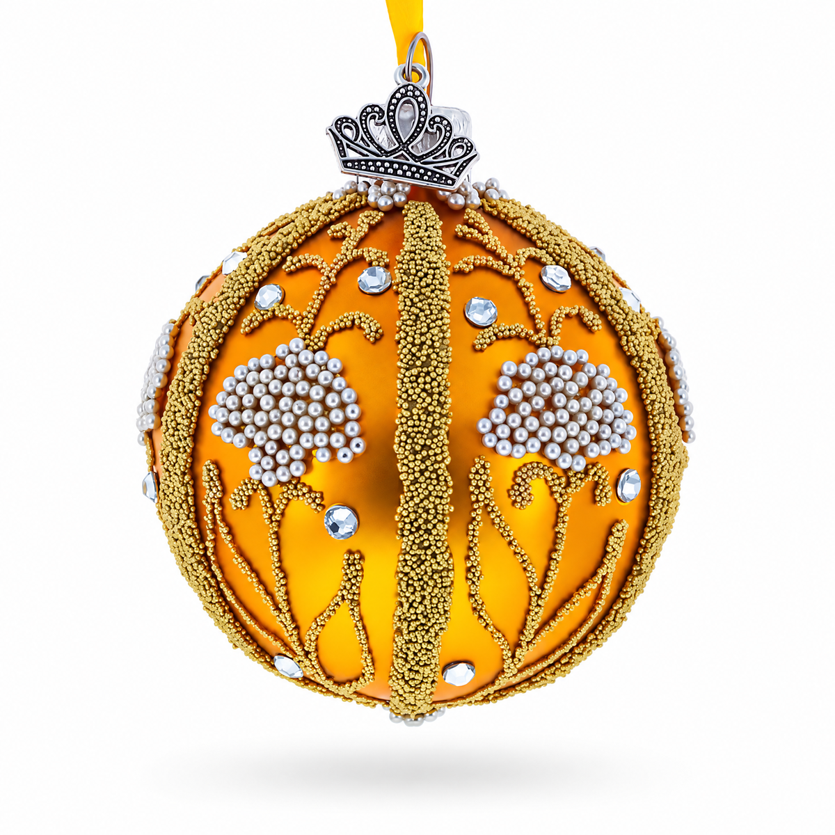 Beaded Floral Panels with White Clusters Glass Ball Christmas Ornament