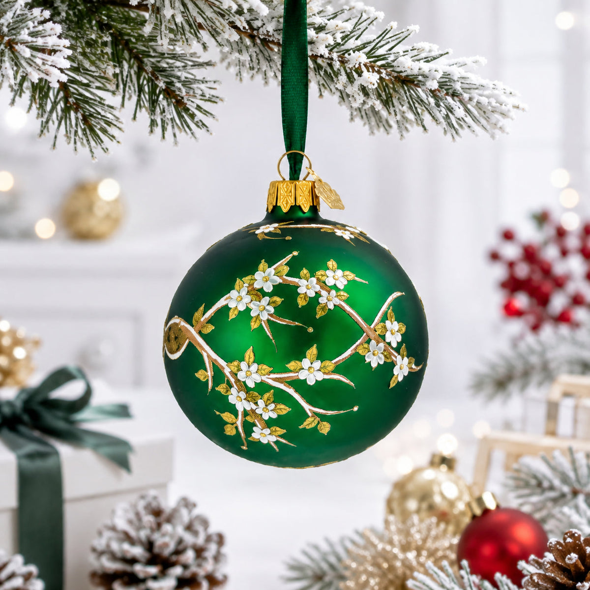 White Blossom Branch on Green Glass Egg Ornament