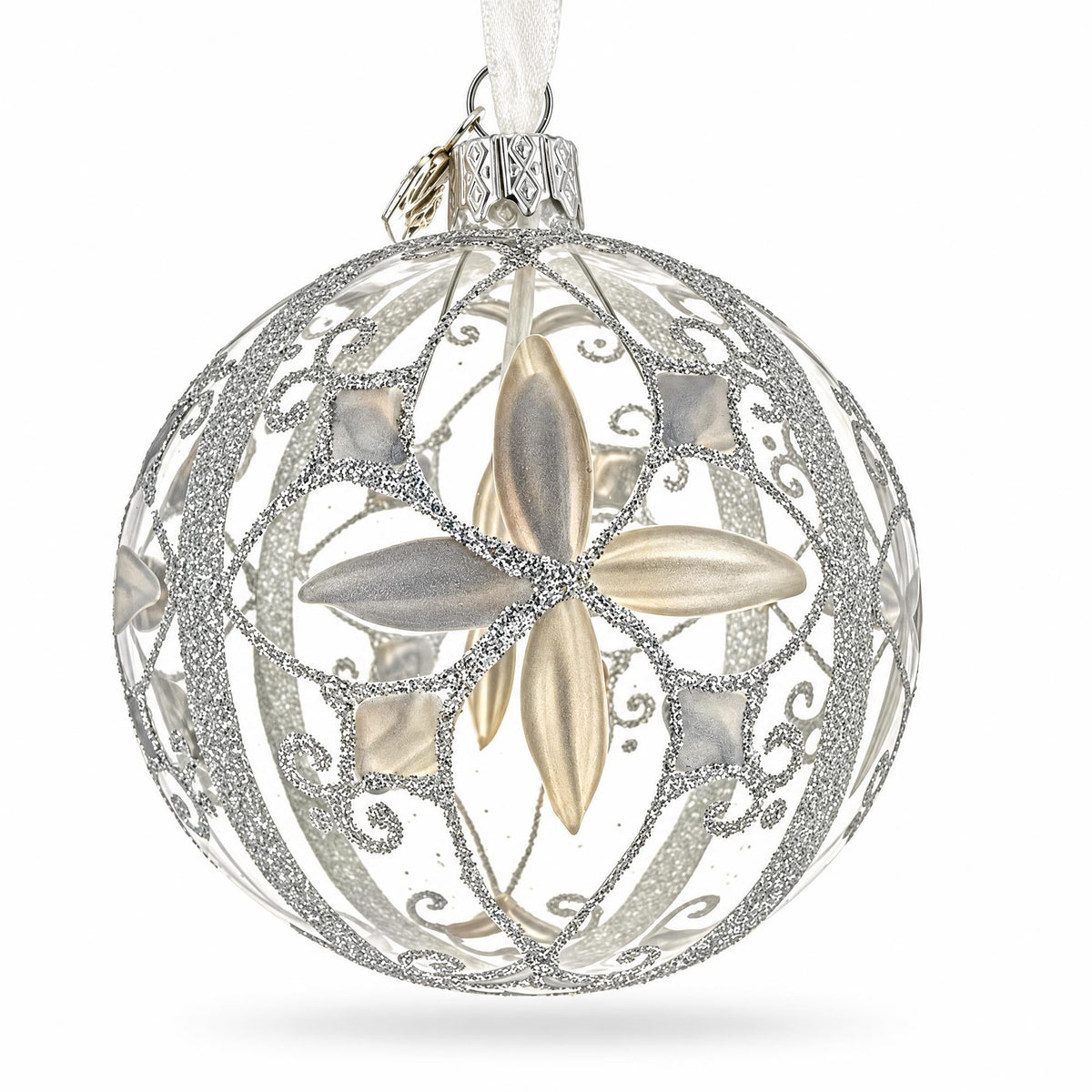 Icy White Flower Scrollwork Clear Glass Ball Christmas Ornament