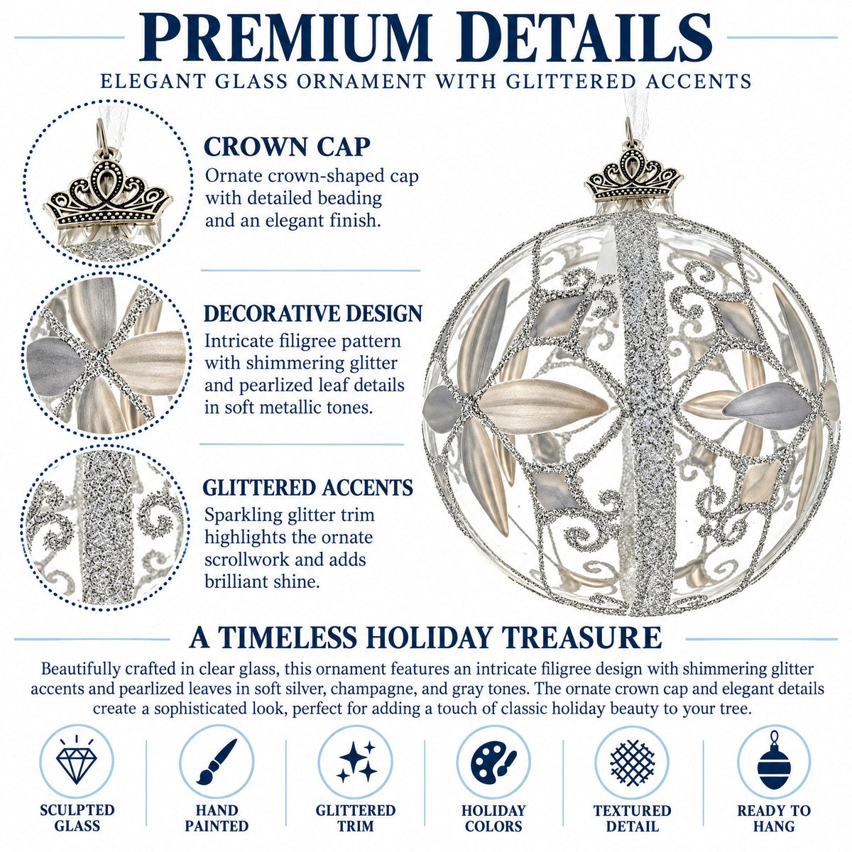 Icy White Flower Scrollwork Clear Glass Ball Christmas Ornament
