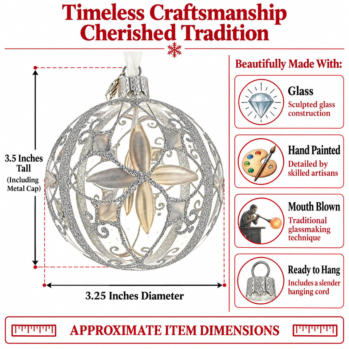 Icy White Flower Scrollwork Clear Glass Ball Christmas Ornament