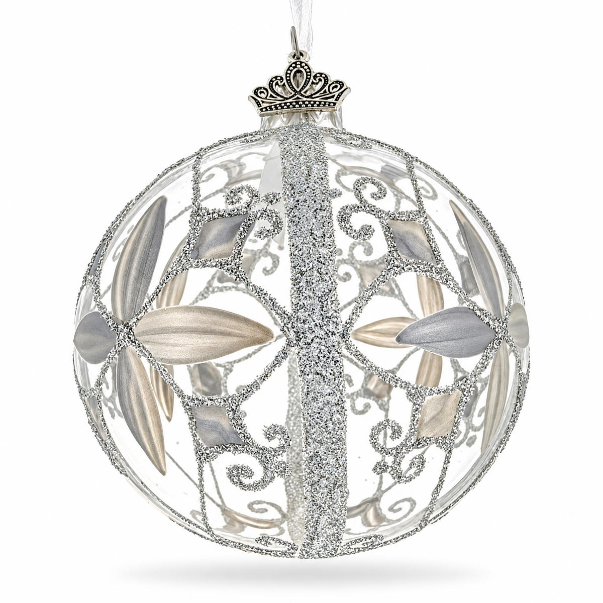 Icy White Flower Scrollwork Clear Glass Ball Christmas Ornament