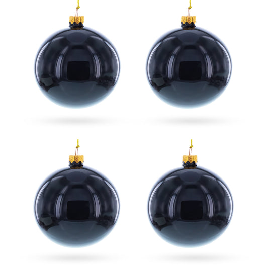 Set of 4 Glossy Black Glass Ball Christmas Ornaments 4 Inches