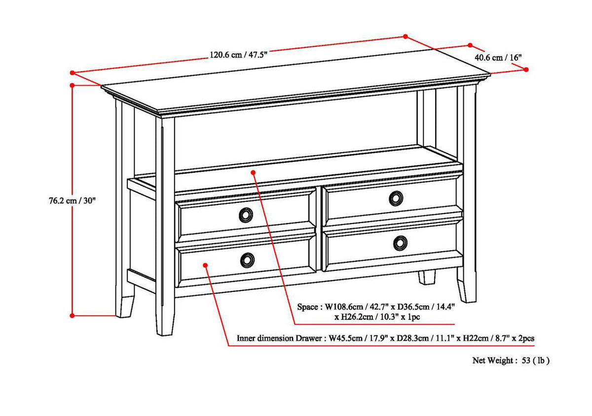 Amherst 48 Inch Wide Solid Wood Console Sofa Table in Hickory