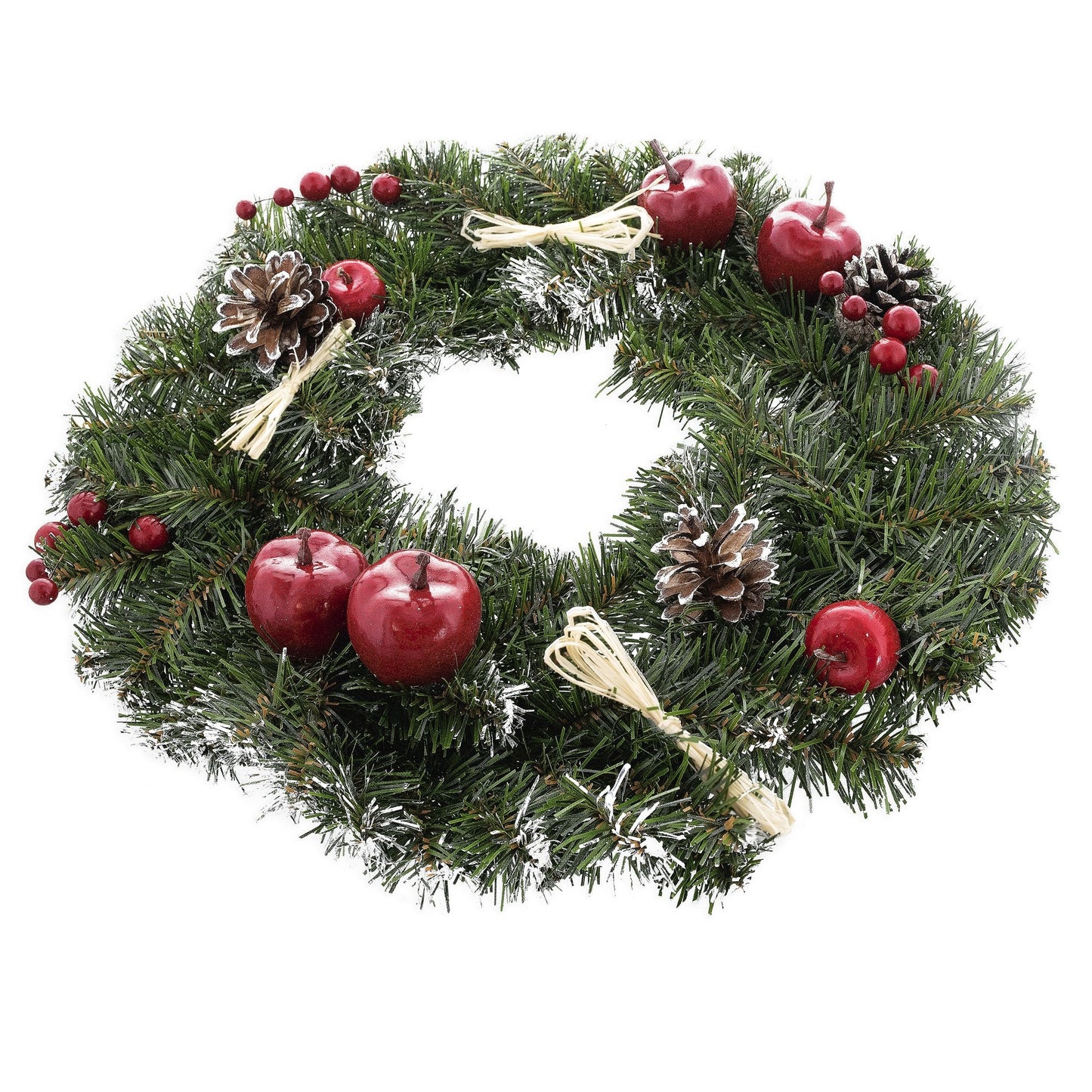Ukrainian Christmas Wreath w. Frosted Straw Bows, Apples & Pine Cones 16 Inches