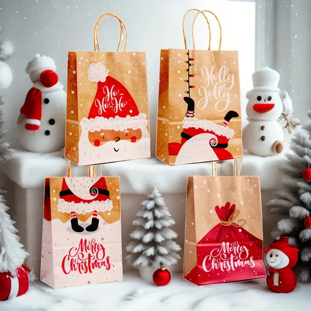 Kraft Paper Tote Bags with Handles - Assorted Holiday Designs